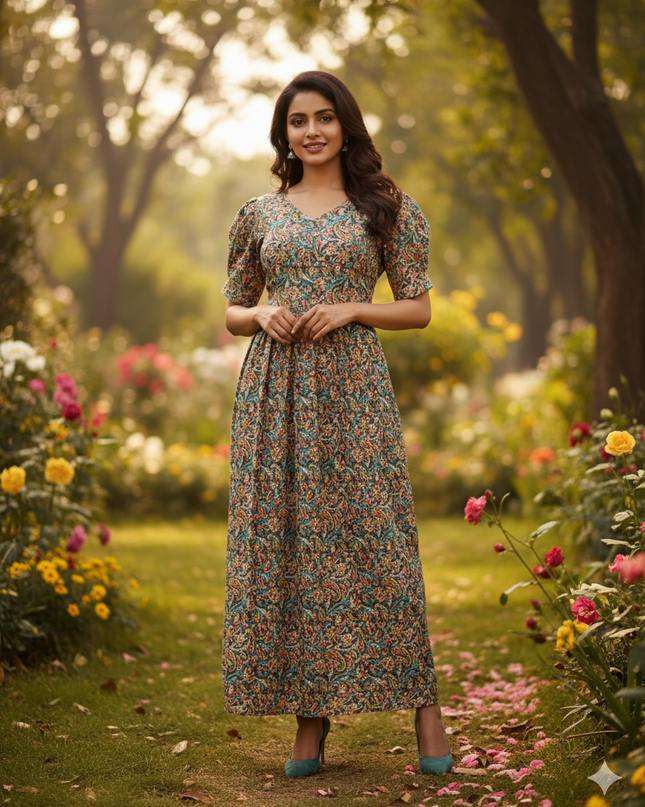 Premium Mul Cotton Frock Grey – Puff Sleeve Design with Knots, Zero Shrinkage