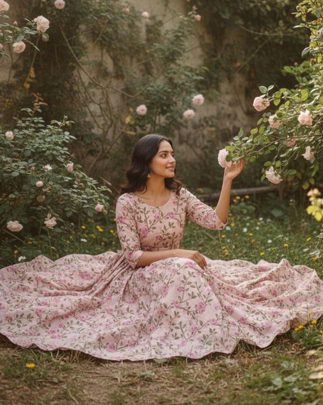 Pastal Baby Pink Floral Long Anarkali Frock – Umbrella Flair Design