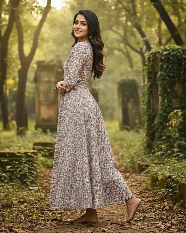 Cream Multi Colour Long Anarkali Frock – Umbrella Flair Design