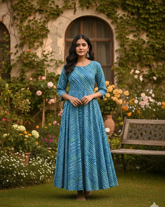 Graceful Sky Blue Striped Anarkali – Umbrella Style Frock