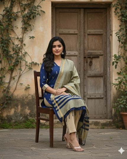 Raw Silk 3pc KurtiSet With Blue Colour Full Length Lining | Gold Dupatta