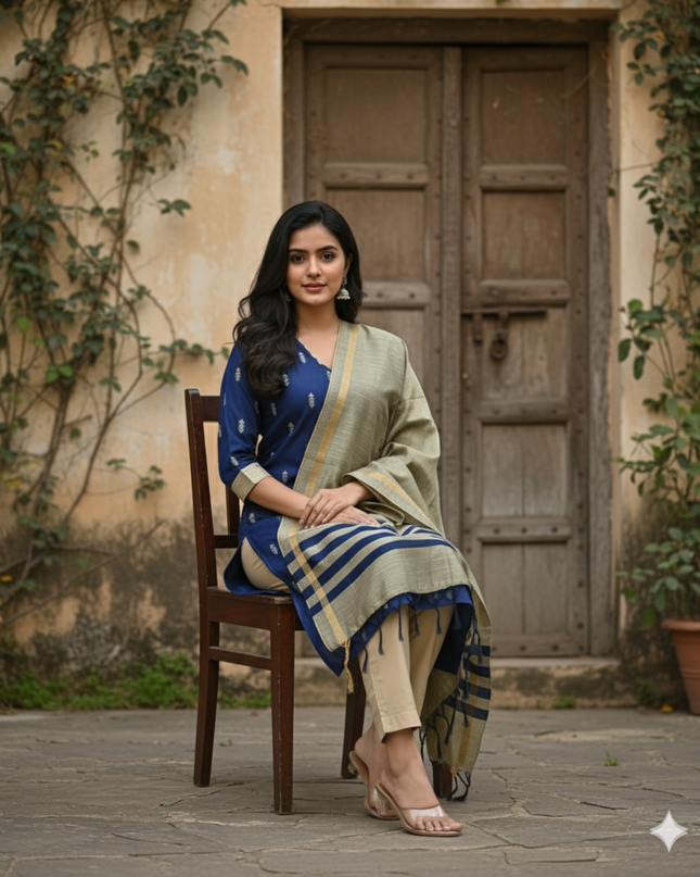 Raw Silk 3pc KurtiSet With Blue Colour Full Length Lining | Gold Dupatta