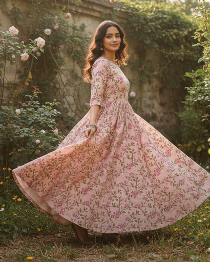 Pastal Baby Pink Floral Long Anarkali Frock – Umbrella Flair Design