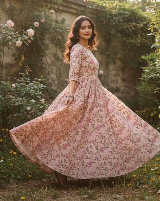 Pastal Baby Pink Floral Long Anarkali Frock – Umbrella Flair Design