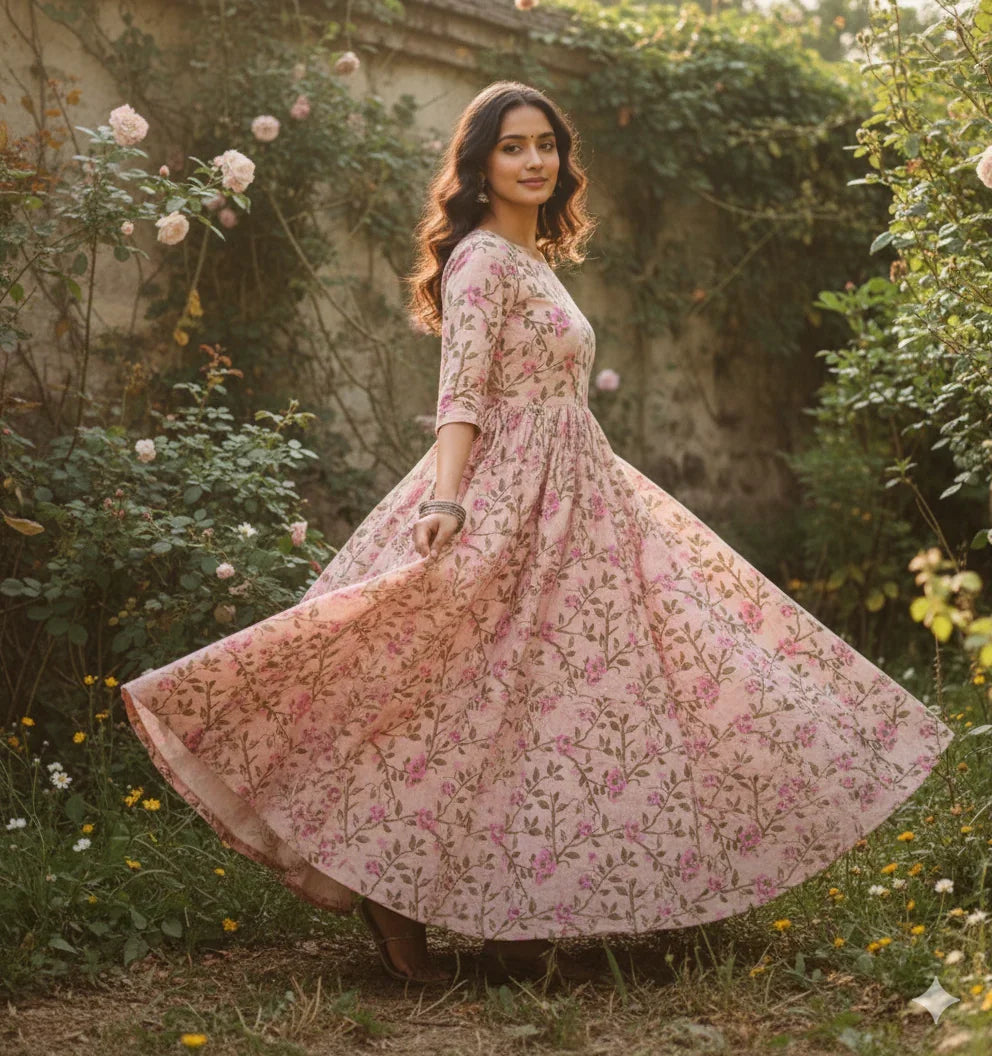 Pastal Baby Pink Floral Long Anarkali Frock – Umbrella Flair Design