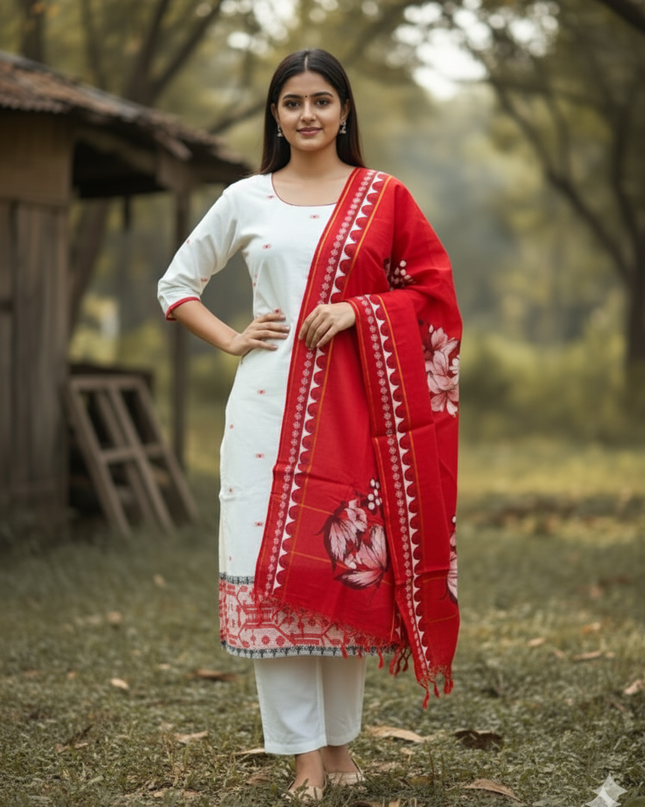 Jacquard Cotton Kurti Set Half White & Red – Straight Cut Pattern with Elbow Sleeves