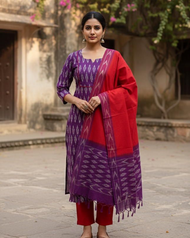 Premium Ikkat 3 Piece Stitched Set – Ready to Wear Kurta, Bottom & Dupatta – Royal Lavender Handloom Ethnic Wear