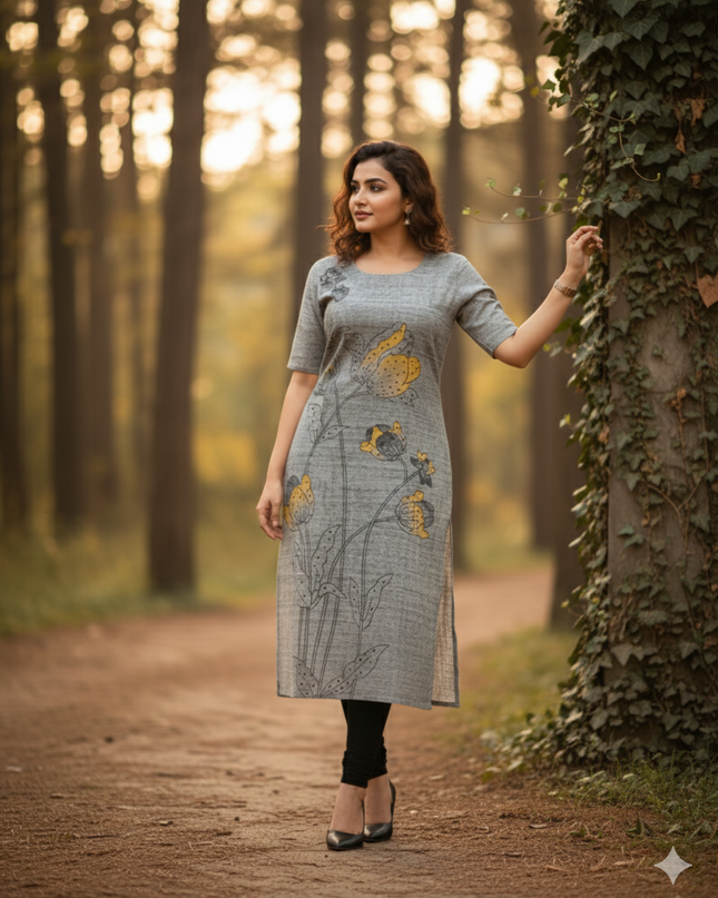 Premium Cotton Straight Cut Kurti with Floral Print with Grey Color