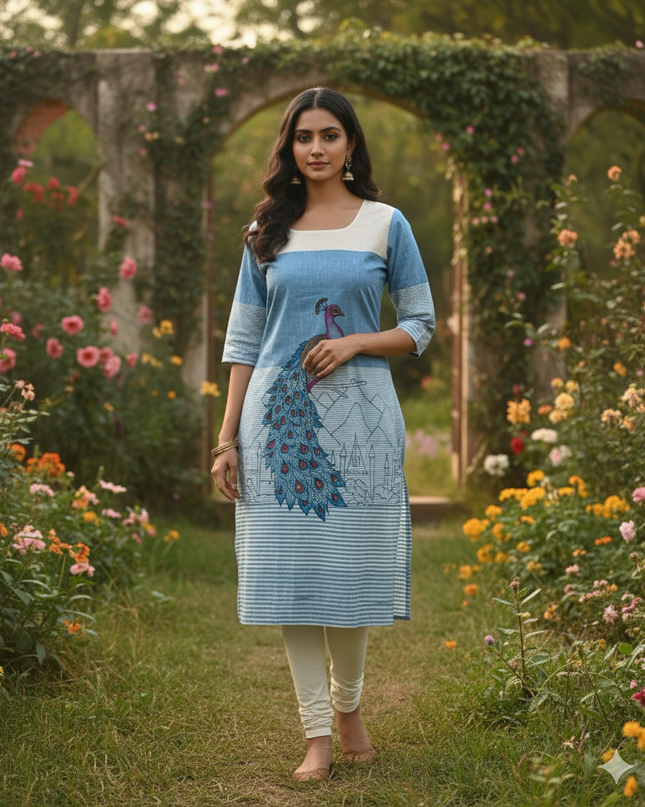 Woman in a blue and white dress with peacock design standing in a garden.