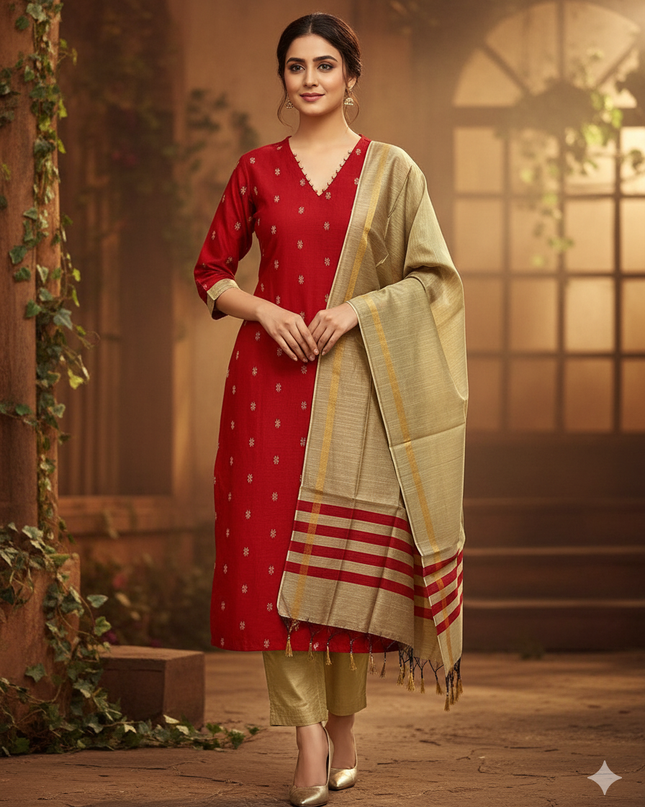 Raw Silk 3pc KurtiSet With Red Colour Full Length Lining | Gold Dupatta