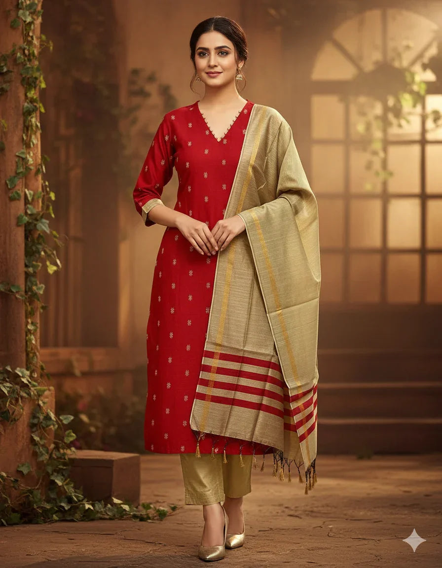 Raw Silk 3pc KurtiSet With Red Colour Full Length Lining | Gold Dupatta
