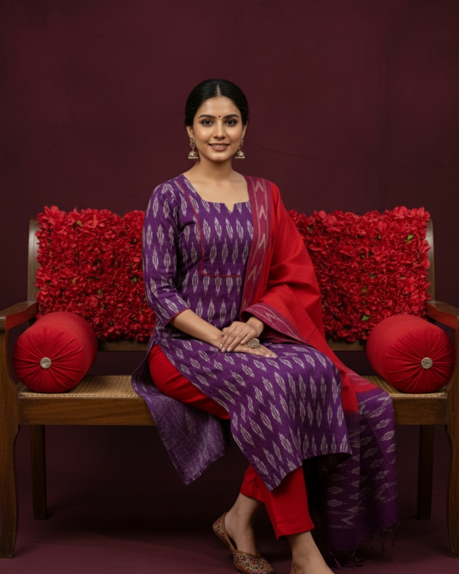 Premium Ikkat 3 Piece Stitched Set – Ready to Wear Kurta, Bottom & Dupatta – Royal Lavender Handloom Ethnic Wear