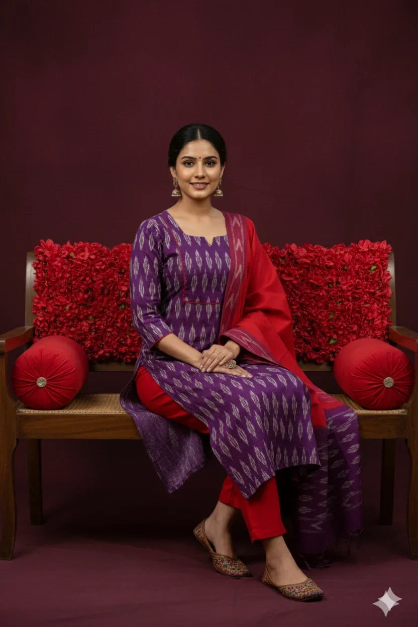 Premium Ikkat 3 Piece Stitched Set – Ready to Wear Kurta, Bottom & Dupatta – Royal Lavender Handloom Ethnic Wear