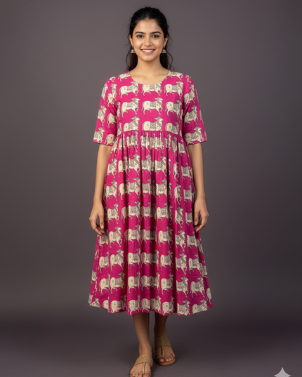 Kalamkari Pichwai Cow Design Frock – Pink Colour | Handloom Ethnic Wear with Half Lining
