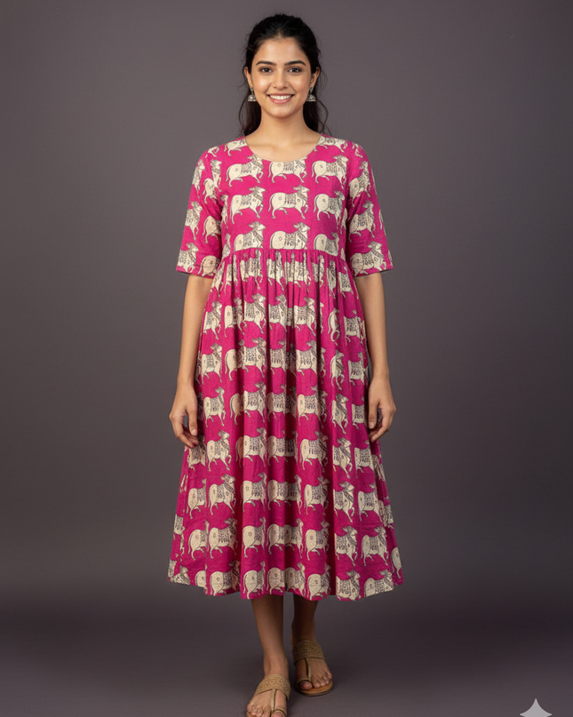 Kalamkari Pichwai Cow Design Frock – Pink Colour | Handloom Ethnic Wear with Half Lining