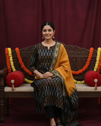 Premium Ikkat 3 Piece Stitched Set – Ready to Wear Kurta, Bottom & Dupatta – Black Colour Handloom Ethnic Wear