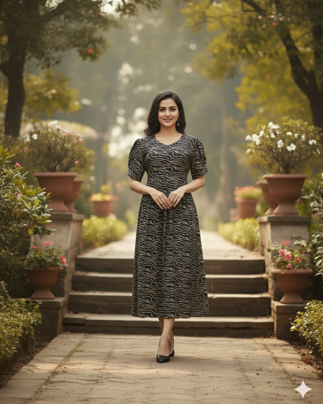Premium Mul Cotton Frock Black – Puff Sleeve Design with Knots, Zero Shrinkage