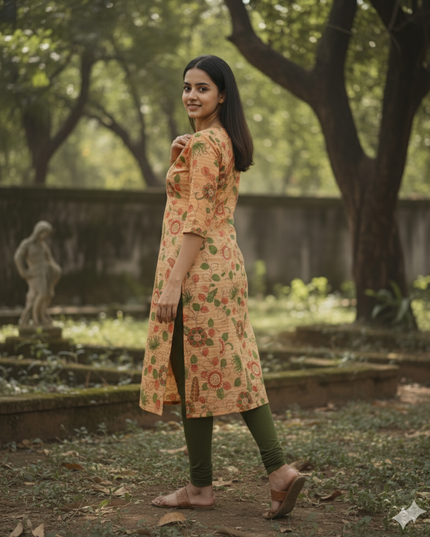 Premium Cotton Straight Cut Kurti Orange – Elegant Floral Print for Women