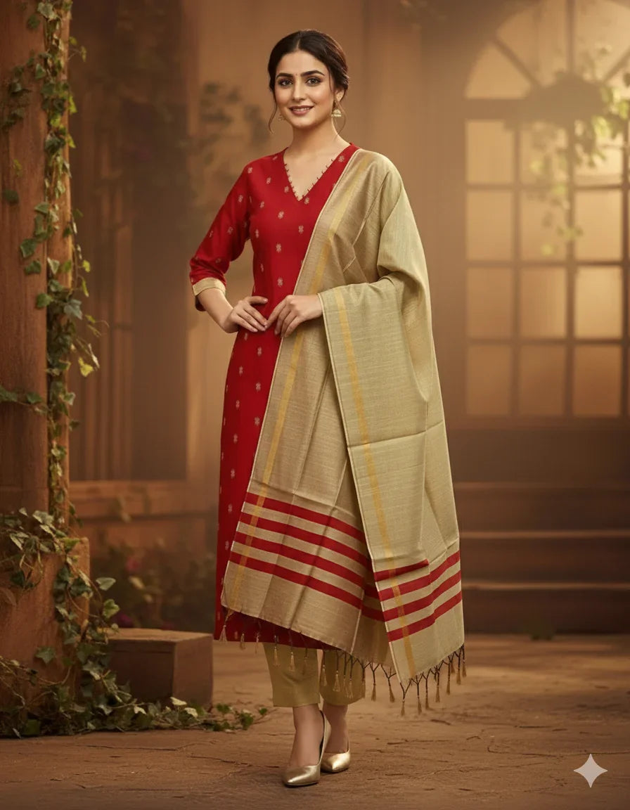 Raw Silk 3pc KurtiSet With Red Colour Full Length Lining | Gold Dupatta