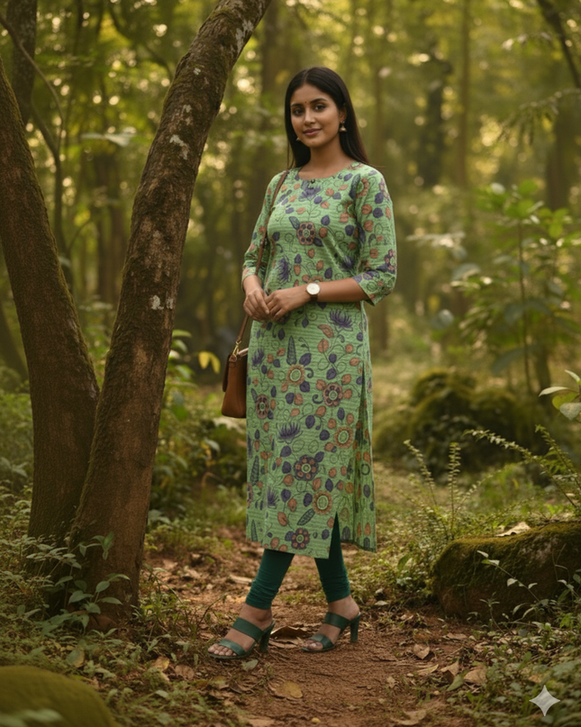 Premium Straight Cut Kurti – Green Colour with Beautiful Floral Print