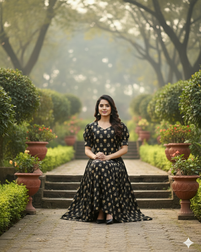 Premium Mul Cotton Frock Black – Puff Sleeve Design with Knots, Zero Shrinkage