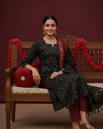 Premium Ikkat 3 Piece Stitched Set – Ready to Wear Kurta, Bottom & Dupatta – Black Colour Handloom Ethnic Wear
