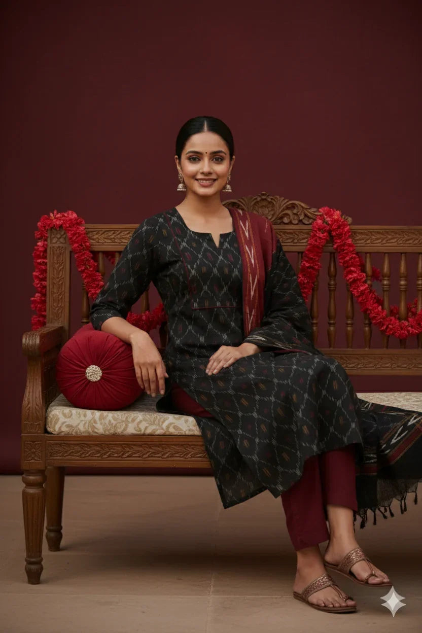 Premium Ikkat 3 Piece Stitched Set – Ready to Wear Kurta, Bottom & Dupatta – Black Colour Handloom Ethnic Wear