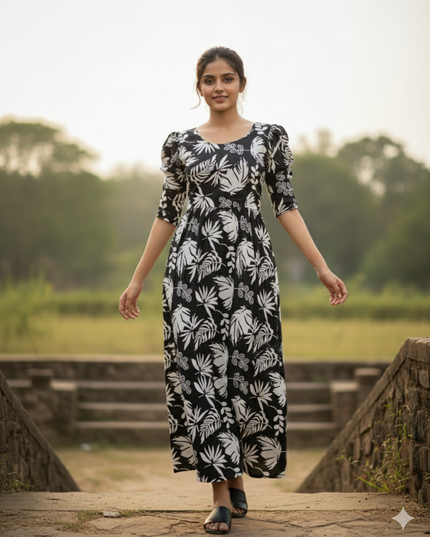 Premium Mul Cotton Frock Black – Puff Sleeve Design with Knots, Zero Shrinkage