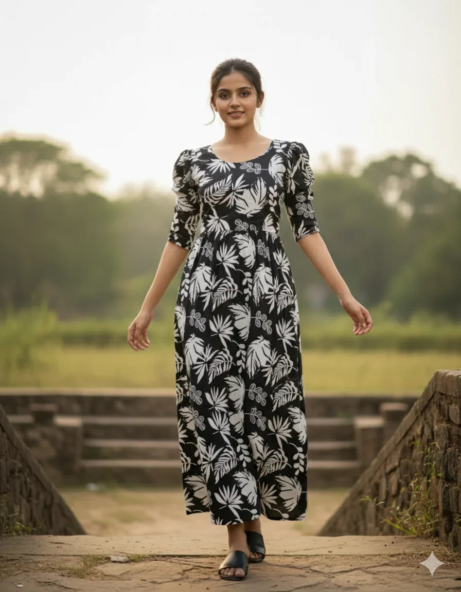 Premium Mul Cotton Frock Black – Puff Sleeve Design with Knots, Zero Shrinkage