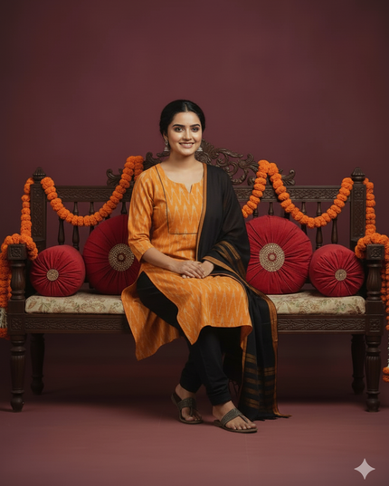 Premium Ikkat 3 Piece Stitched Set – Ready to Wear Kurta, Bottom & Dupatta – Yellow Handloom Ethnic Wear