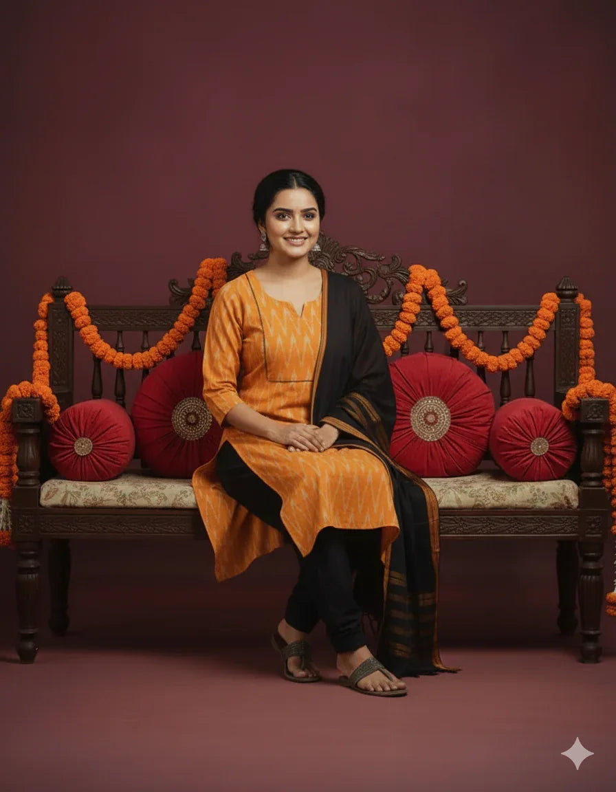 Premium Ikkat 3 Piece Stitched Set – Ready to Wear Kurta, Bottom & Dupatta – Yellow Handloom Ethnic Wear