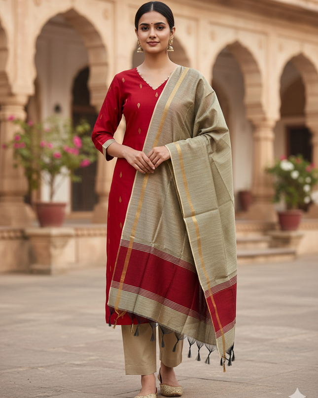 Raw Silk 3pc KurtiSet With Red Colour Full Length Lining | Gold Dupatta