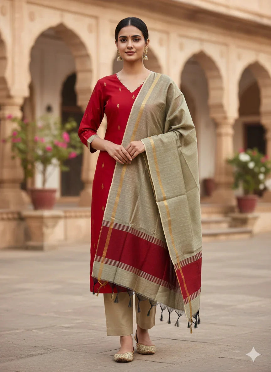 Raw Silk 3pc KurtiSet With Red Colour Full Length Lining | Gold Dupatta