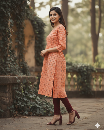 Premium Cotton Straight Cut Kurti – Orange Floral Print Design for Women