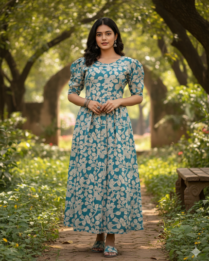 Premium Mul Cotton Frock Sky Blue – Puff Sleeve Design with Knots, Zero Shrinkage