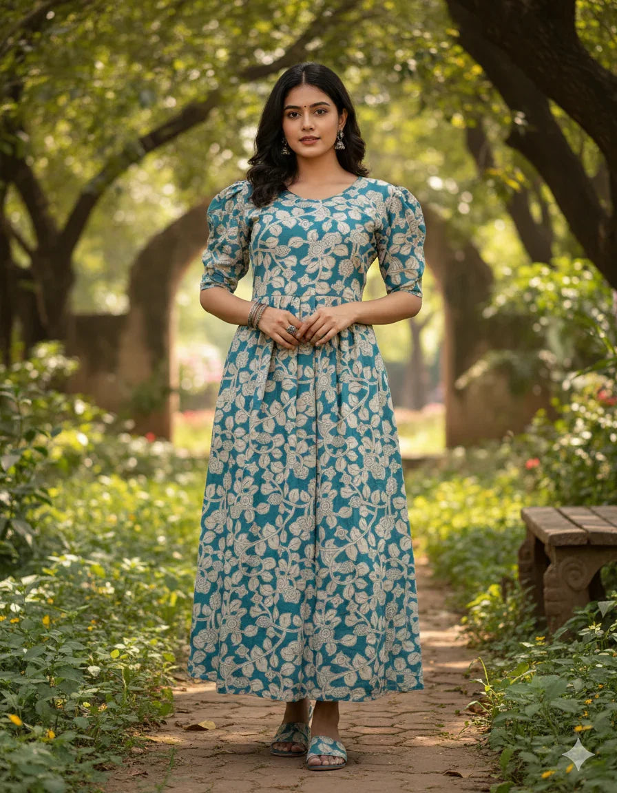 Premium Mul Cotton Frock Sky Blue – Puff Sleeve Design with Knots, Zero Shrinkage