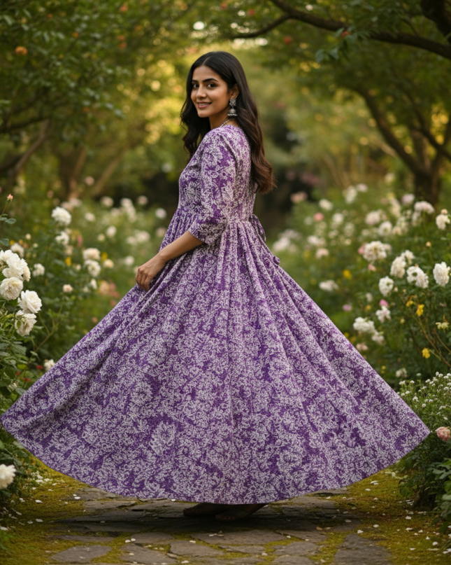 Lavender Floral Long Anarkali Frock – Umbrella Flair Design