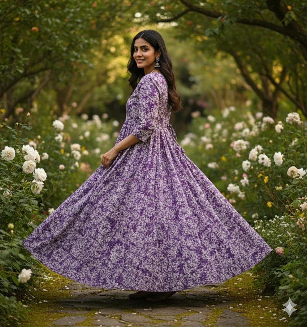 Lavender Floral Long Anarkali Frock – Umbrella Flair Design