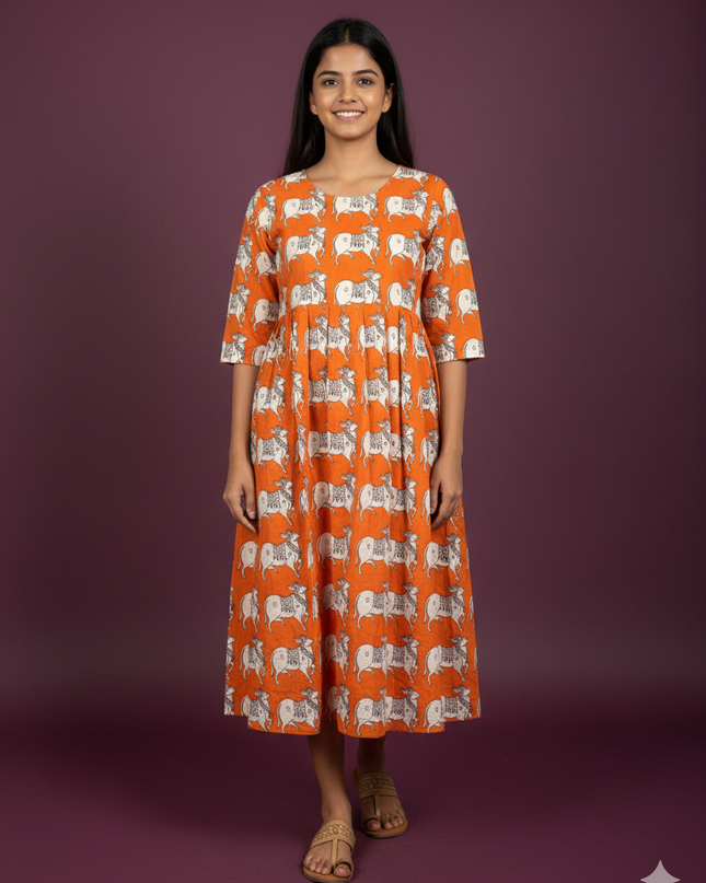 Kalamkari Pichwai Cow Design Frock – Orange Colour | Handloom Ethnic Wear with Half Lining