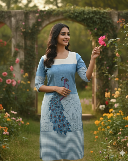 Peacock Design Straight Cut Kurti Sky Blue with Full Length Lining