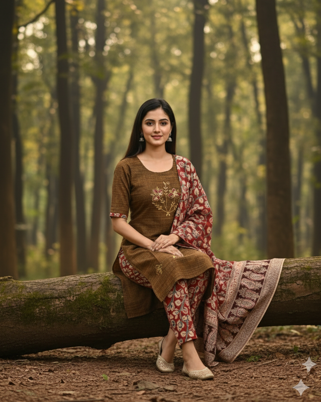 Kalamkari 3pc Set with Embroidery & Mirror Work Dark Brown