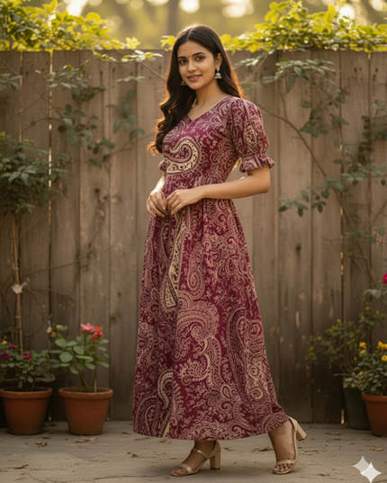 Premium Mul Cotton Frock Wine – Puff Sleeve Design with Knots, Zero Shrinkage