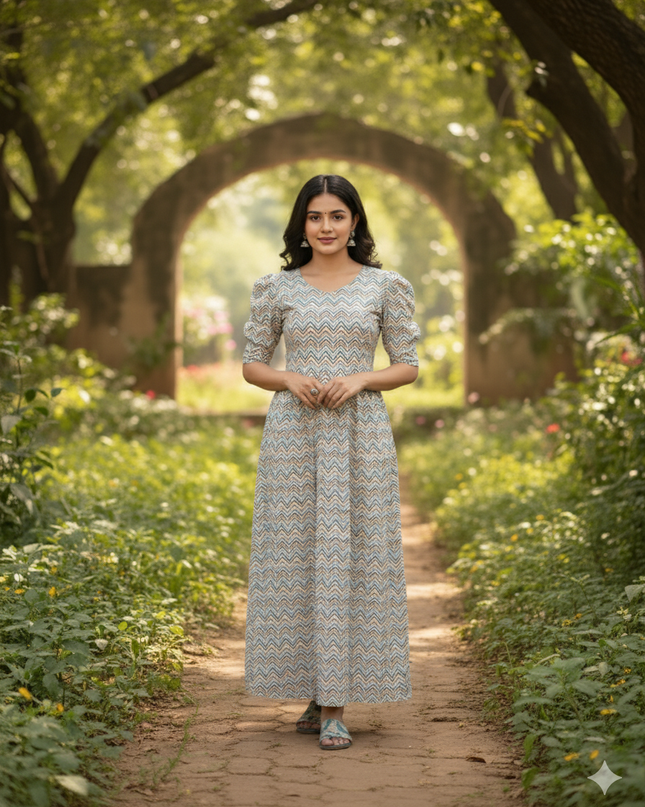 Premium Mul Cotton Frock Grey – Puff Sleeve Design with Knots, Zero Shrinkage