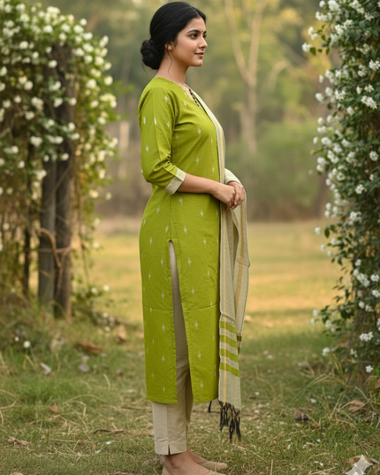 Raw Silk 3pc KurtiSet With Green Colour Full Length Lining | Gold Dupatta