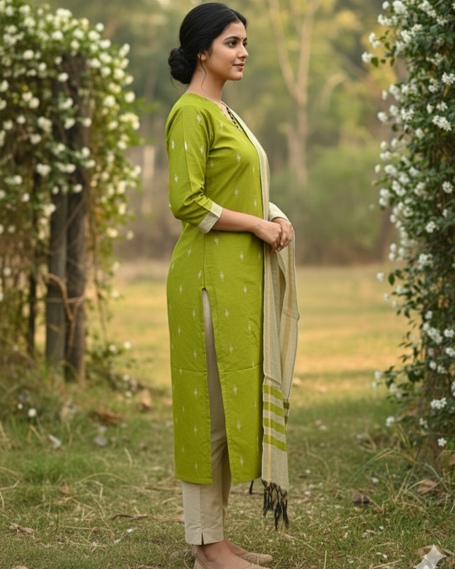 Raw Silk 3pc KurtiSet With Green Colour Full Length Lining | Gold Dupatta