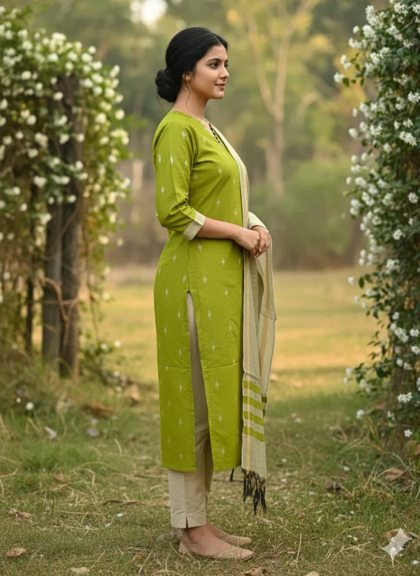 Raw Silk 3pc KurtiSet With Green Colour Full Length Lining | Gold Dupatta
