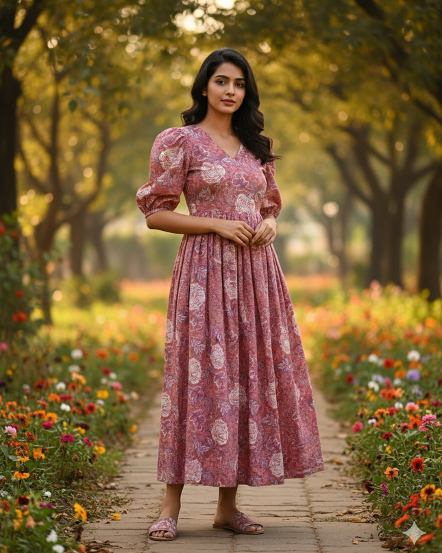 Premium Mul Cotton Frock Grey Pink – Puff Sleeve Design with Knots, Zero Shrinkage