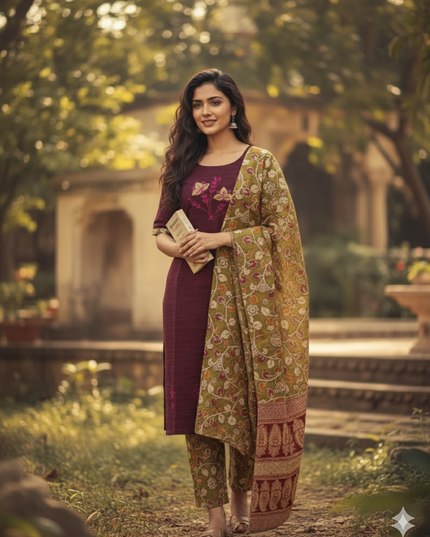Kalamkari 3pc Set with Embroidery & Mirror Work Maroon & Black