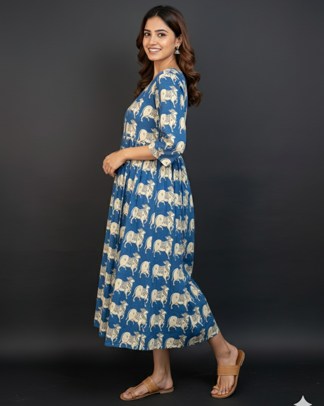 Kalamkari Pichwai Cow Design Frock – Blue Colour | Handloom Ethnic Wear with Half Lining