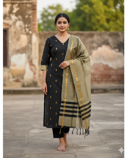 Raw Silk 3pc KurtiSet With Black Colour Full Length Lining | Gold Dupatta